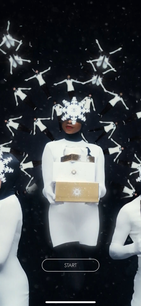 Inside Beauty - Ecrã inicial da aplicação Inside Beauty com um tema de férias de luxo com uma mulher a segurar caixas de presente contra um fundo de neve.