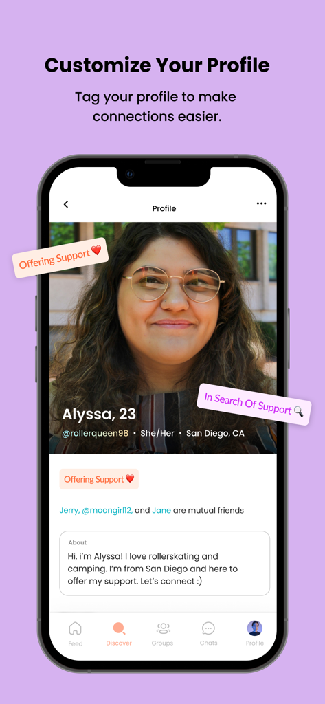 A mobile screen showing the Stand In Pride app profile interface with tags for offering and seeking support