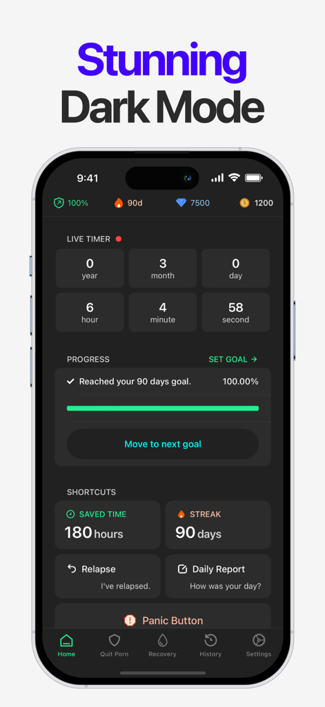 Dashboard of the No Nut app in dark mode showing streak progress and a live timer
