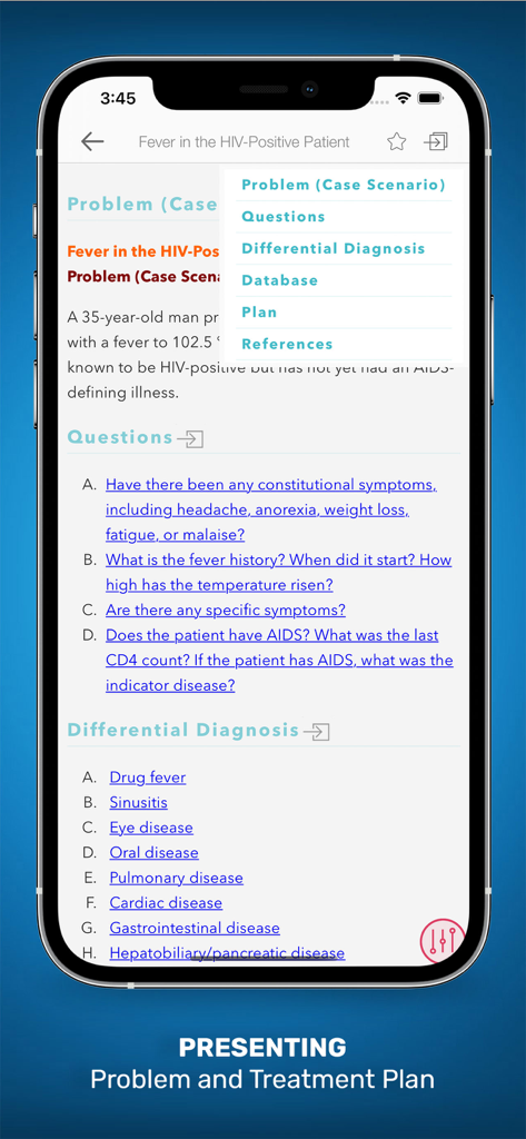 Internal Medicine On Call app screen showing the evaluation and treatment plan for a clinical case scenario.