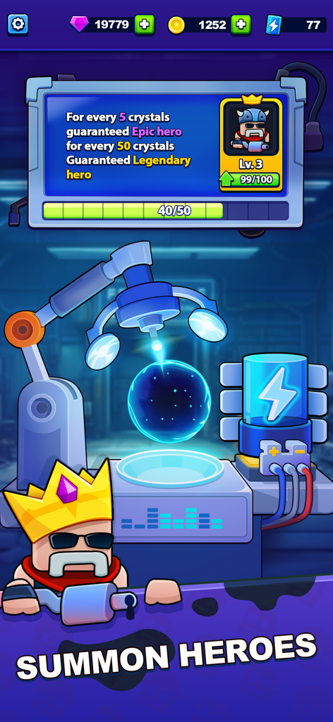 Survival Arena: Tower Defense - Pantalla de invocación de héroes de Survival Arena Tower Defense con tasas de personajes épicos y legendarios