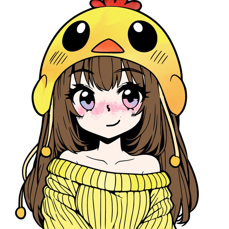 anime girl with chick shaped hat with sweater with bare shoulders with bangs covering them one eye with low tail