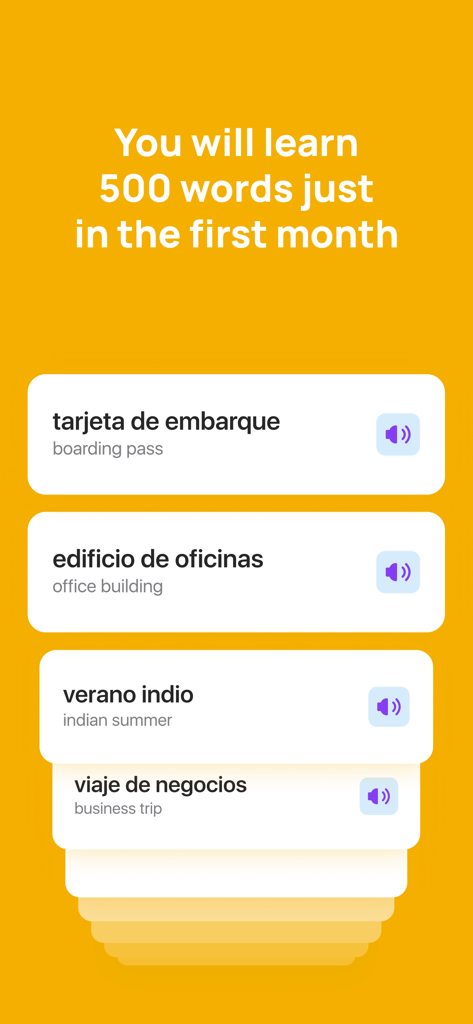 App interface displaying Spanish vocabulary flashcards for business and travel