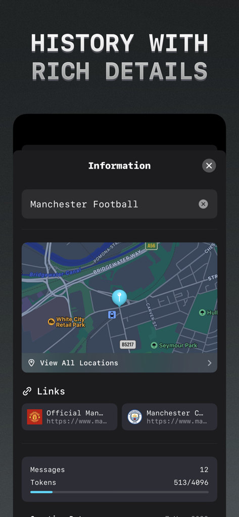 Petey - AI Chat - Interface of Petey AI Chat showing a history screen with an integrated map, rich link previews, and token usage statistics.