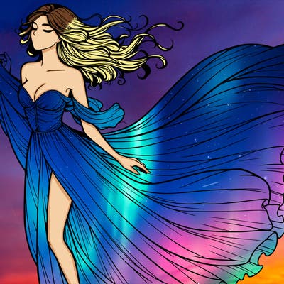 realistic woman in dress flowing the the wind