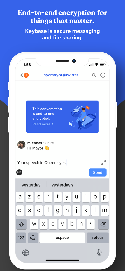 Keybase mobile app interface showing an end-to-end encrypted chat conversation with a social media identity.