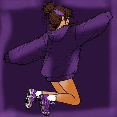 realistic girl jumping with a bun and oversized sweatshirt