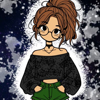 girl with a messy ponytail glasses a baggy crop top and jean shorts