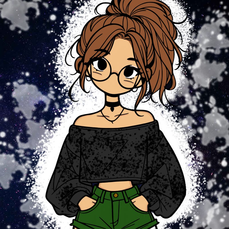 girl with a messy ponytail glasses a baggy crop top and jean shorts