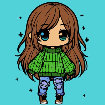 chibi girl with ripped jeans,long hair, and an oversized sweater