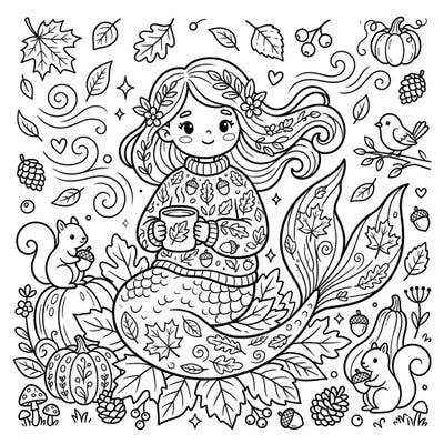 Embrace the magic of autumn with this enchanting Kawaii Merfolk coloring page, featuring an adorable mermaid surrounded by festive fall foliage and harvest delights. Perfect for a cozy coloring session, this design combines marine fantasy with the warmth of the season.