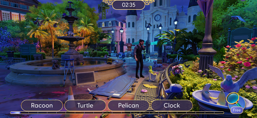 Hidden object gameplay in Ghost Detective showing a New Orleans park at night with a list of items to find including a raccoon and a turtle