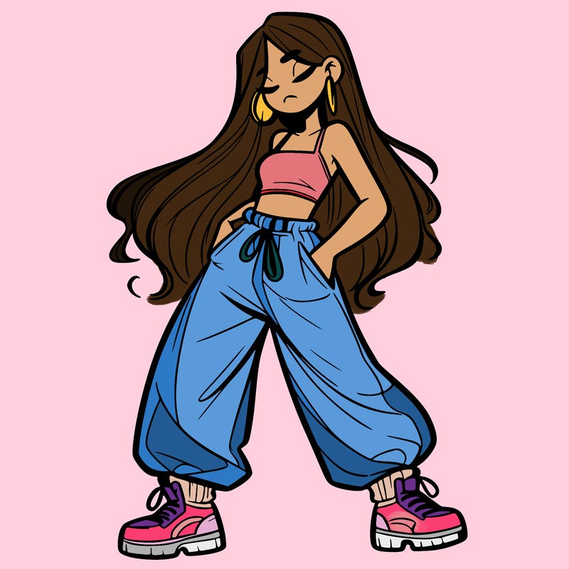girl in baggy pants crop top and long hair