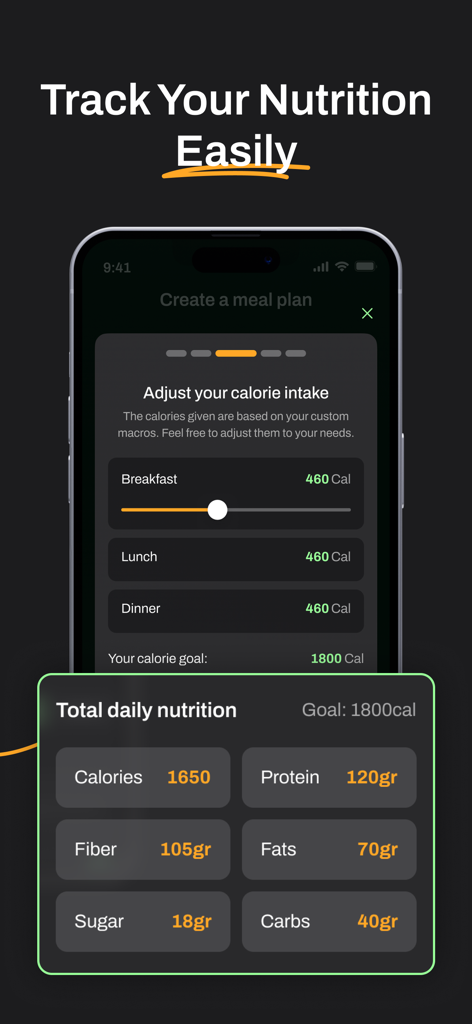 Preppd – Meal Prep & Planner - Uma interface móvel mostrando o rastreamento de nutrição e macros com controles deslizantes de ajuste de calorias e metas nutricionais diárias para um aplicativo de planejamento de refeições.