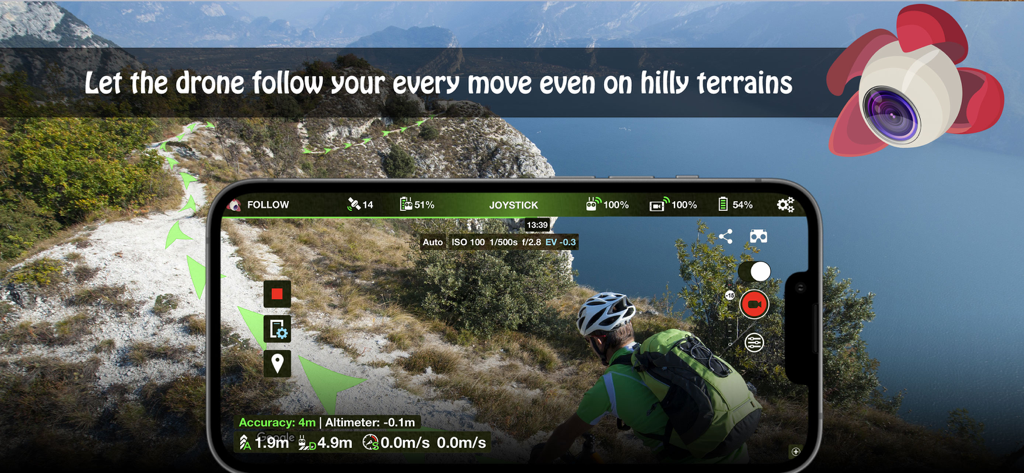 Litchi for DJI Drones - Modalità follow dell'app Litchi che segue un ciclista su un sentiero di montagna