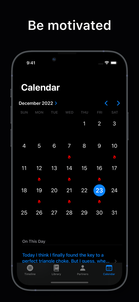 Martial Arts Training Journal - Calendar interface of the ProgressGuard app displaying training days marked with fire icons and daily session notes