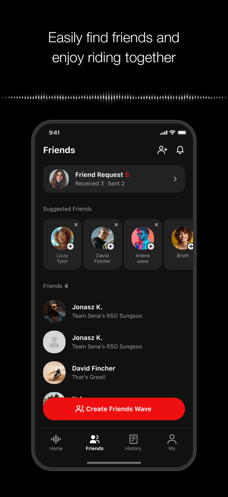 L'écran Amis de l'application WAVE Intercom montrant les demandes d'amis, les amis suggérés et un bouton pour créer une vague d'amis pour les sorties moto de groupe.