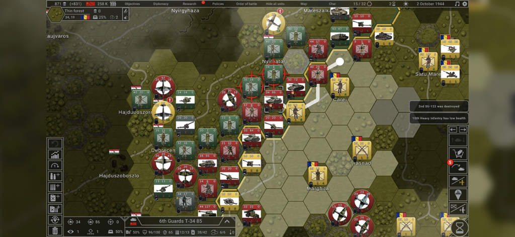 Hex of Steel - Tactical hex-grid battle map in Hex of Steel featuring WWII military units and strategic gameplay interface.