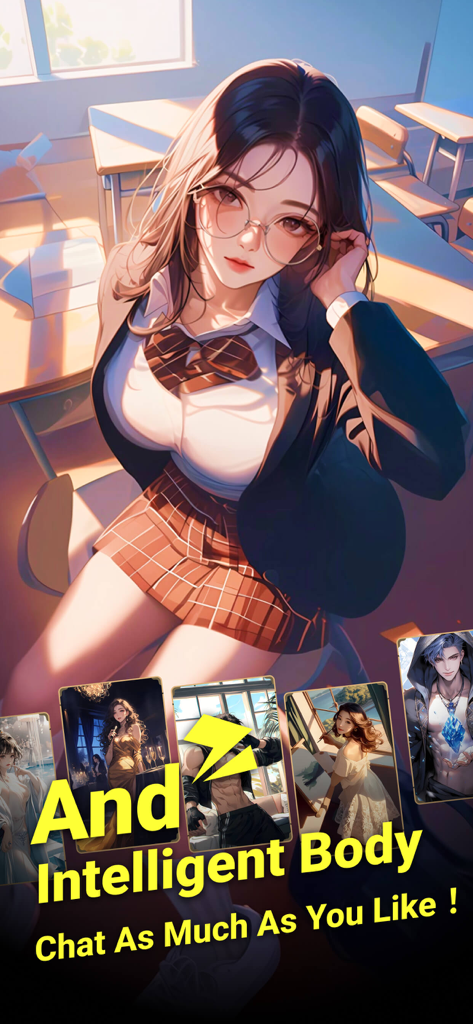 An anime schoolgirl in a classroom setting with multiple AI character cards and promotional text