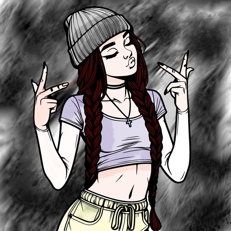 realistic teenage girl with braids and a beanie and crop top doing 🫶🏼