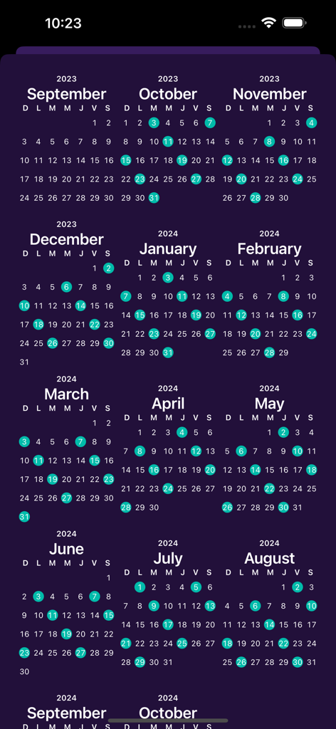 On-Call Schedule Lite - Una vista de calendario de varios meses en la aplicación On-Call Schedule Lite que muestra círculos de color turquesa en los días de trabajo programados