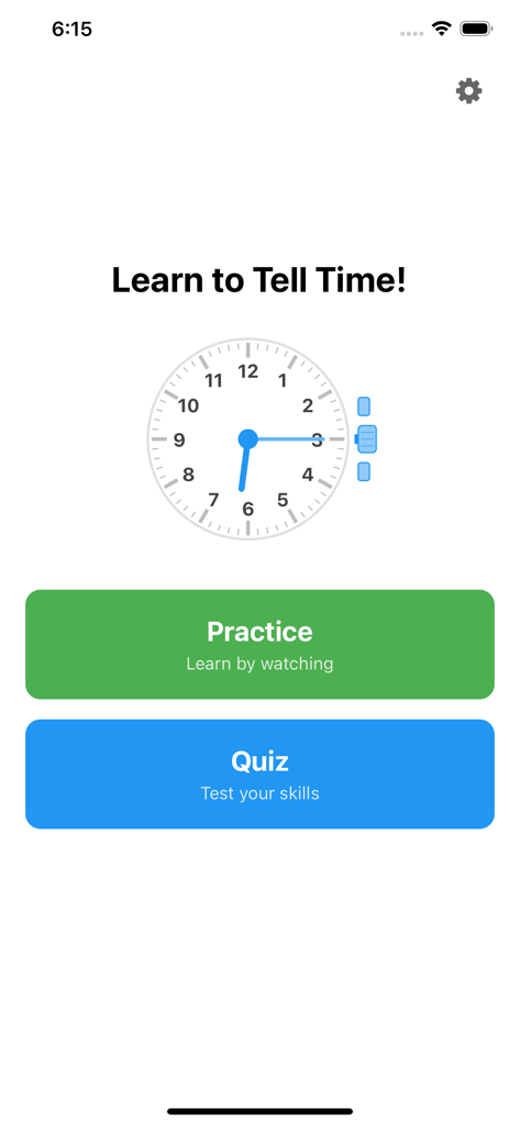 Main menu of the Learn Time and Clock for Kids app featuring Practice and Quiz mode selection buttons.