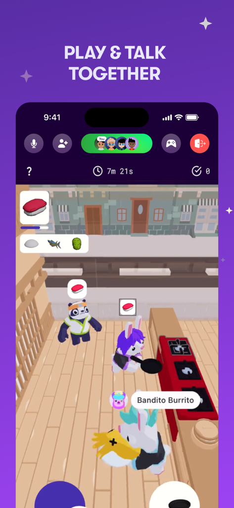 Jeu social multijoueur sur Rune avec chat vocal intégré et avatars personnalisés.