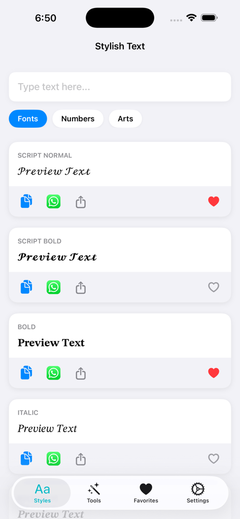 Stylish Text: Fonts & Art - Interface do aplicativo móvel exibindo pré-visualizações de diferentes fontes estilosas como negrito e itálico script para personalização de mídia social.