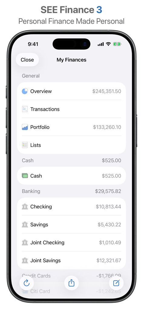 SEE Finance 3 Mobile - SEE Finance 3 Mobile app interface showing a summary of personal finances including banking and portfolio balances