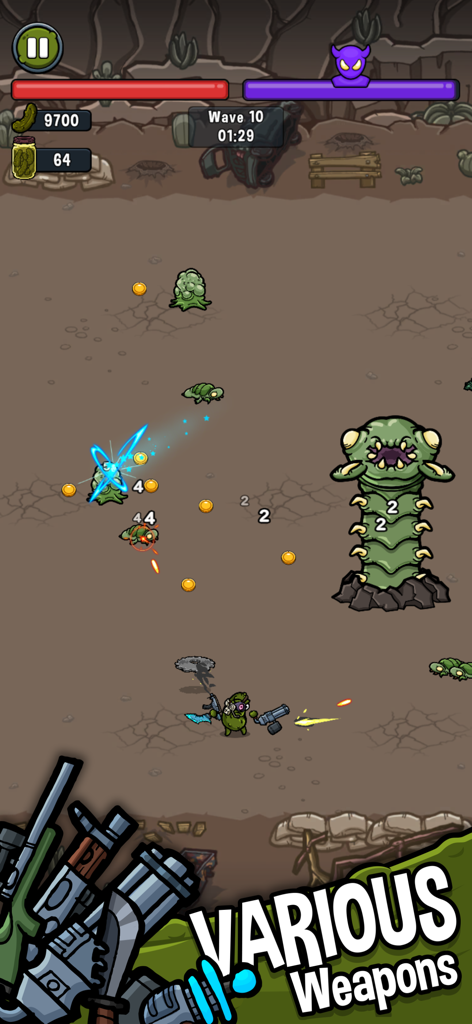 Pickle Pete: Survivor - Pickle Pete character fighting a giant green worm boss with multiple weapons in an arena
