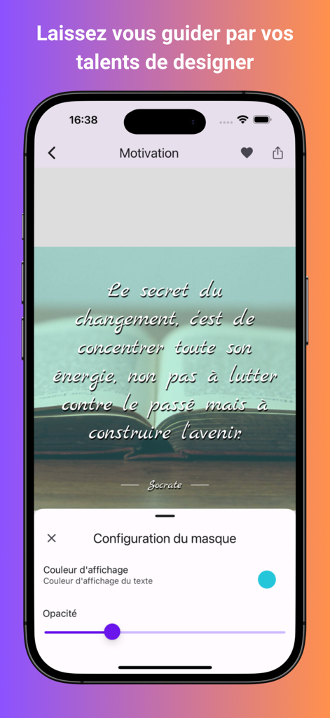 Motivation for leaders app design editor interface showing a Socrates quote over a background image with customization tools for color and opacity.