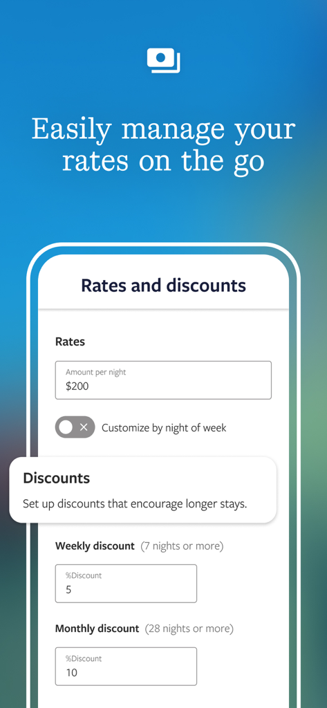 Interface mobile de l'application Vrbo Propriétaire affichant les options pour définir les tarifs par nuit et les pourcentages de réduction pour les séjours à la semaine ou au mois.