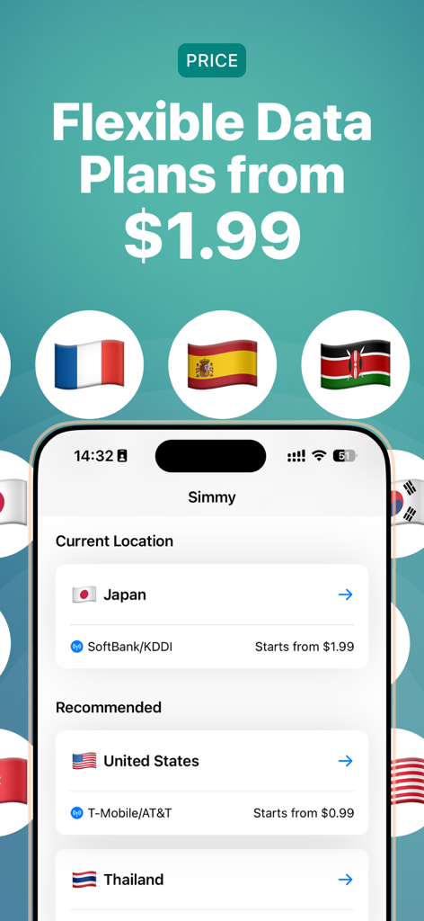 Travel eSIM from $1.99 | Simmy - Screenshot of the Simmy app showing flexible international eSIM data plans starting from $1.99 for various countries.