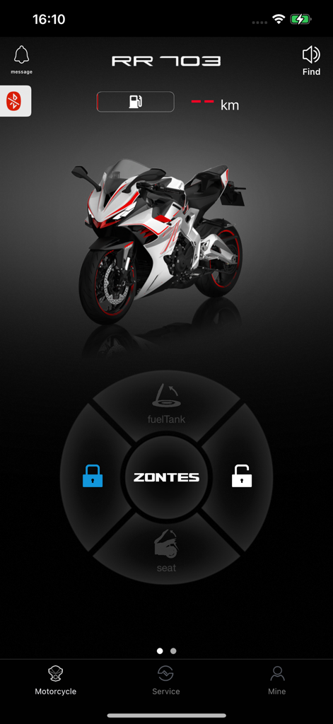 ZONTES Smart - Interfaccia dell'app ZONTES Smart che mostra la moto RR 703 con opzioni di controllo remoto per blocco e accesso alla sella