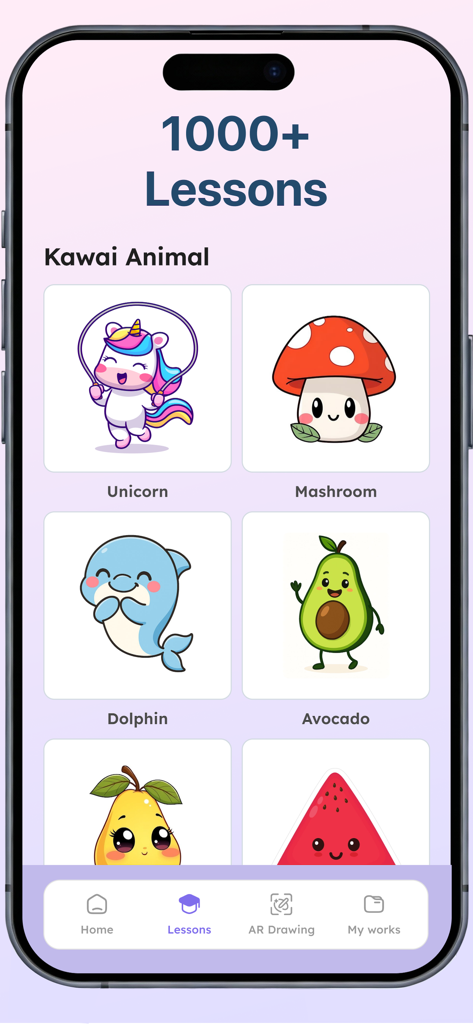 Drawing Desk app interface showing a gallery of kawaii animal drawing lessons including a unicorn and mushroom
