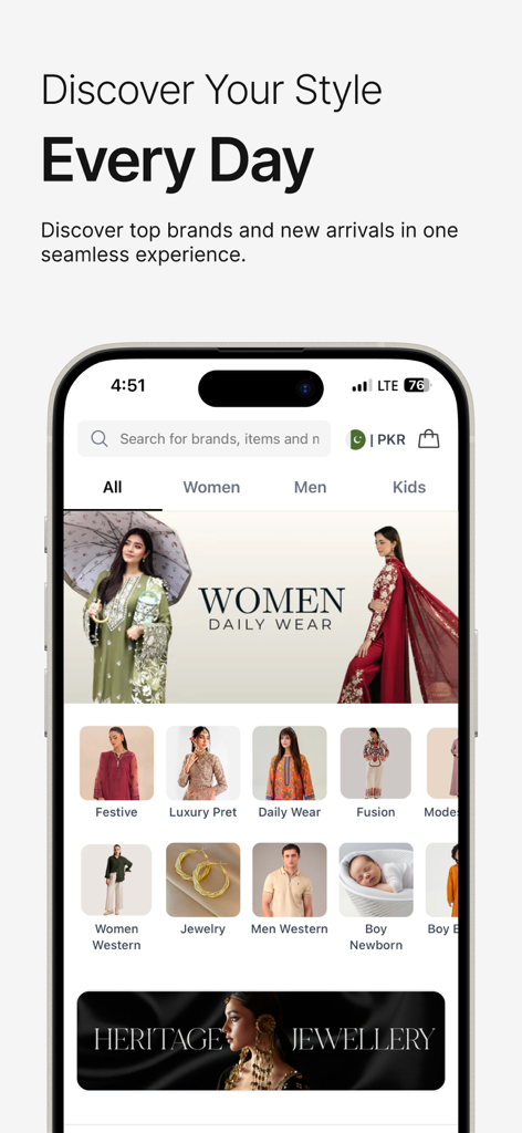 LAAM – Online Shopping App - LAAM의 모바일 앱 화면에는 남아시아 패션 컬렉션과 카테고리가 표시됩니다.