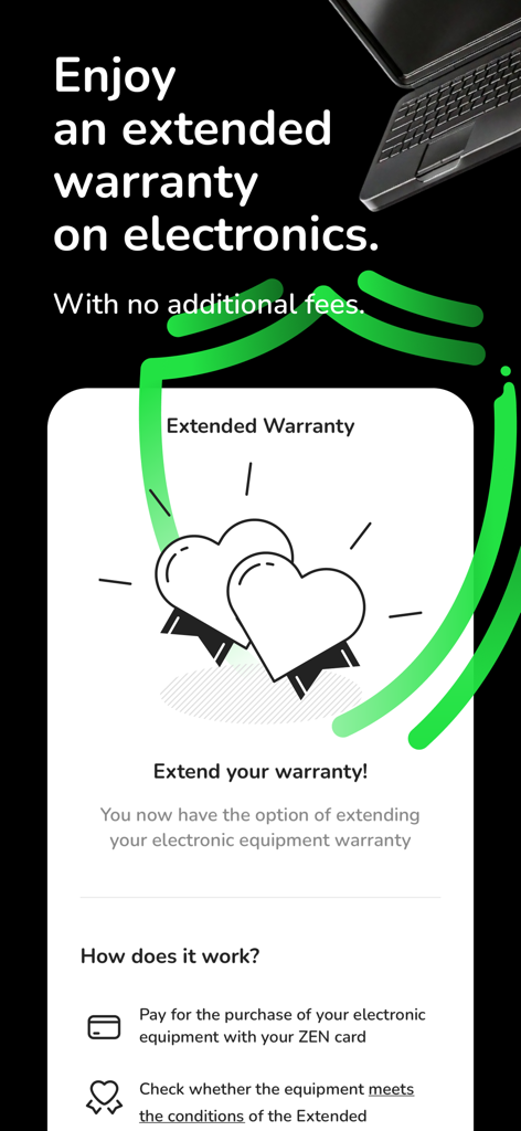Écran de l'application ZEN.COM affichant les avantages de la garantie prolongée pour les achats d'électronique.