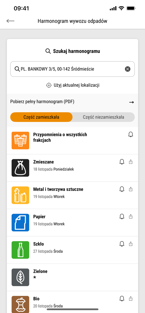 Warszawa 19115 - 바르샤바 19115 앱의 모바일 화면, 혼합 쓰레기, 플라스틱, 종이, 유리, 바이오 쓰레기 수거 날짜가 포함된 쓰레기 수거 일정 표시