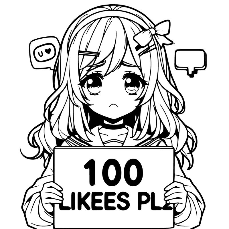 -anime girl sad holding a sign that says 100 likes plz