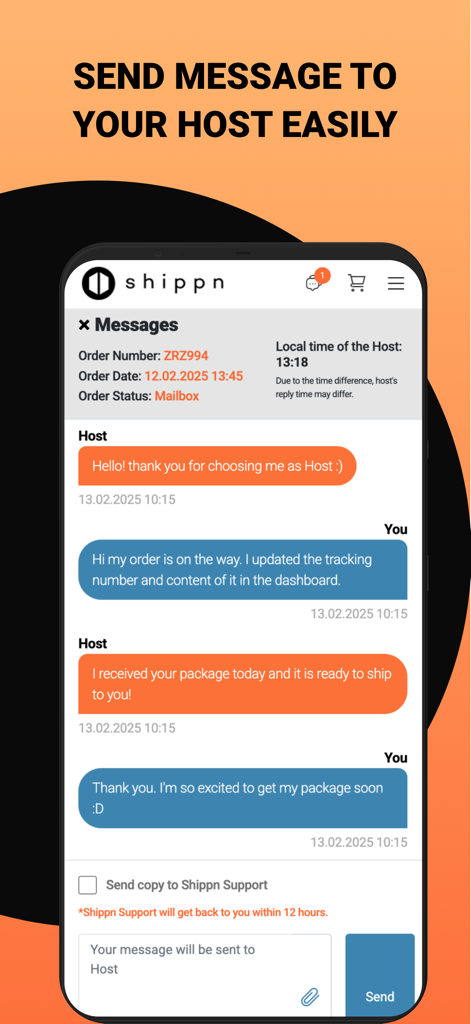 Shippn - Worldwide Shop & Ship - Chat interface in the Shippn app showing messages between a shopper and a host regarding international package forwarding