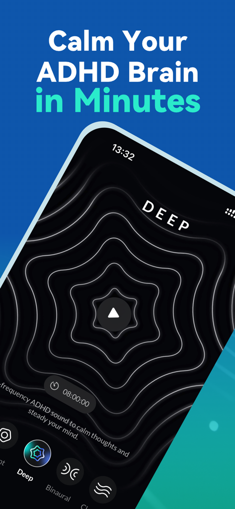 Interfaccia dell'App Sonora ADHD che mostra un paesaggio sonoro rilassante con motivi ondulati e il testo 'Calma il tuo cervello ADHD in pochi minuti'.