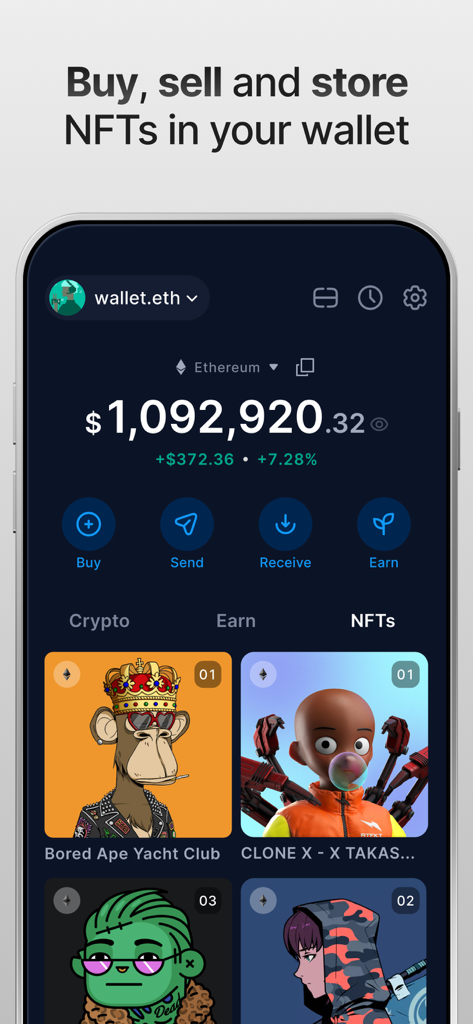 A mobile interface of the Crypto.com Onchain Wallet showing an NFT collection including Bored Ape Yacht Club and Clone X assets