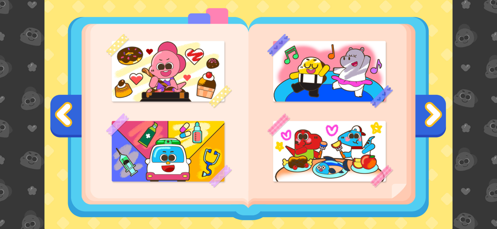 Cocobi Coloring & Games - Un álbum de cuaderno de bocetos digital en la aplicación Cocobi Coloring and Games que muestra cuatro dibujos diferentes temáticos de dinosaurios coloreados guardados por un niño.