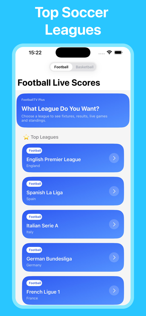 Footballify - Live Score808 - A list of top soccer leagues in the Footballify app, including the English Premier League, Spanish La Liga, and Italian Serie A.