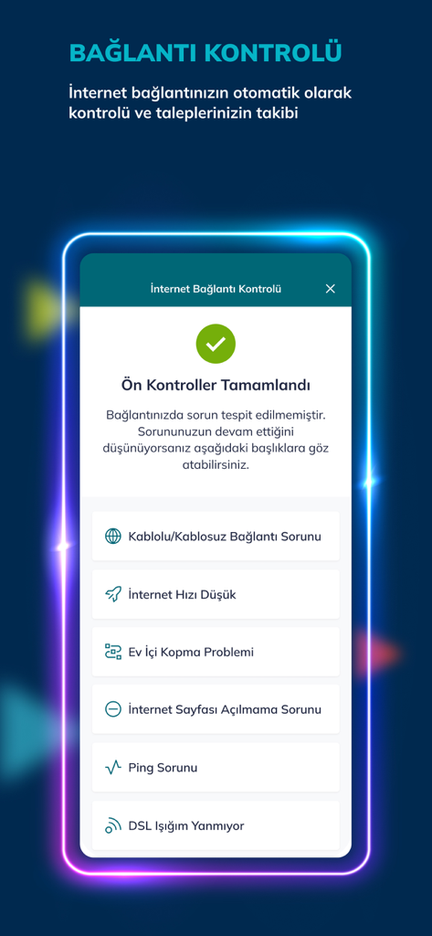 Turk Telekom mobile app screen showing home internet connection status check and technical troubleshooting options
