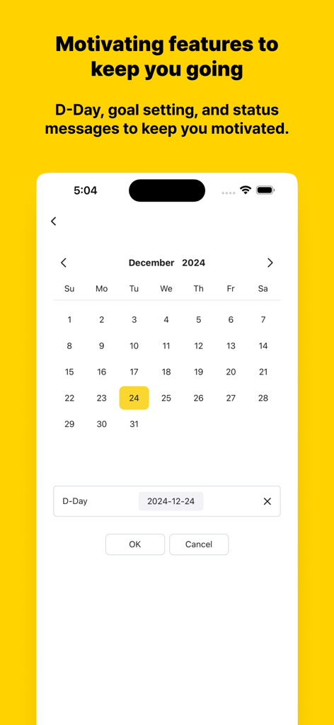 Pomocat - Adorable Focus Timer - A screenshot of the Pomocat app showing a calendar for setting a D-Day goal.