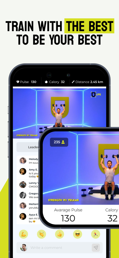 Urban Active plus app displaying a live strength training class with an instructor and real time fitness tracking data