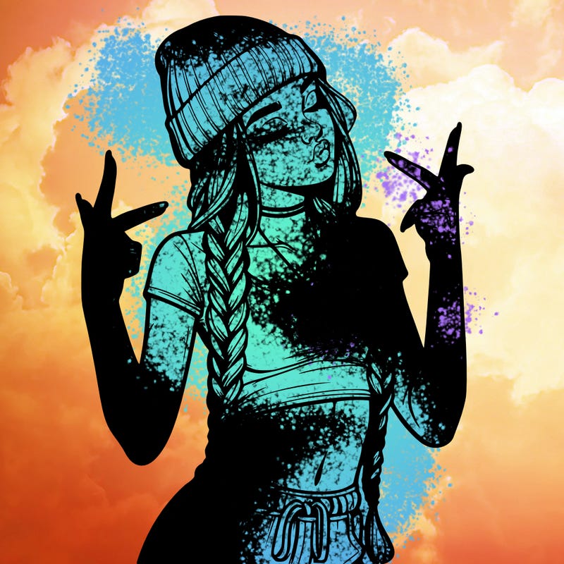 realistic teenage girl with braids and a beanie and crop top doing 🫶🏼