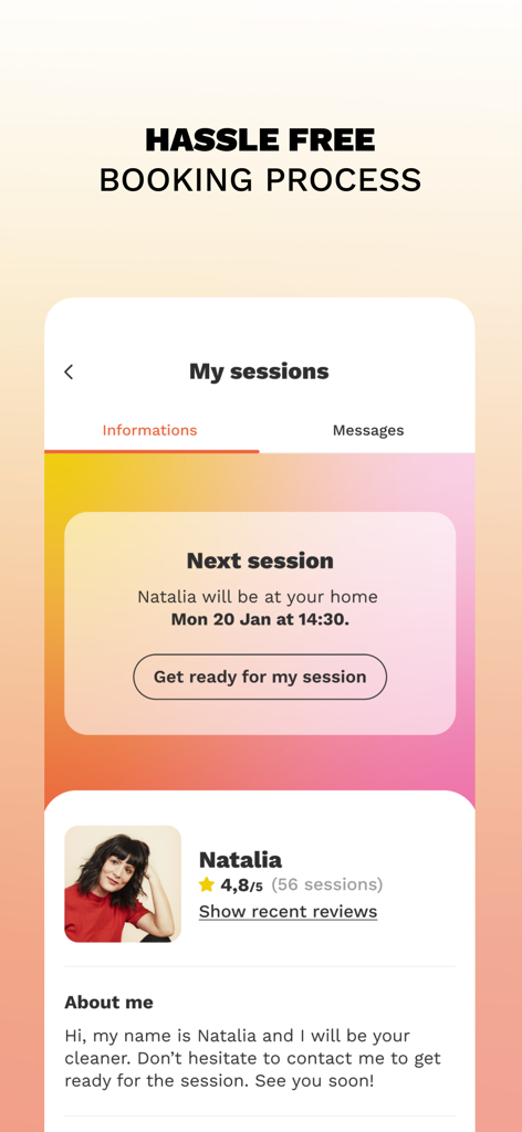 Housekeeping Services - Wecasa - Wecasa app interface showing a scheduled home cleaning session with a professional profile and rating