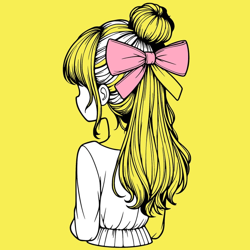 realistic girl  with hip length hair a bun and a big bow on the back of head